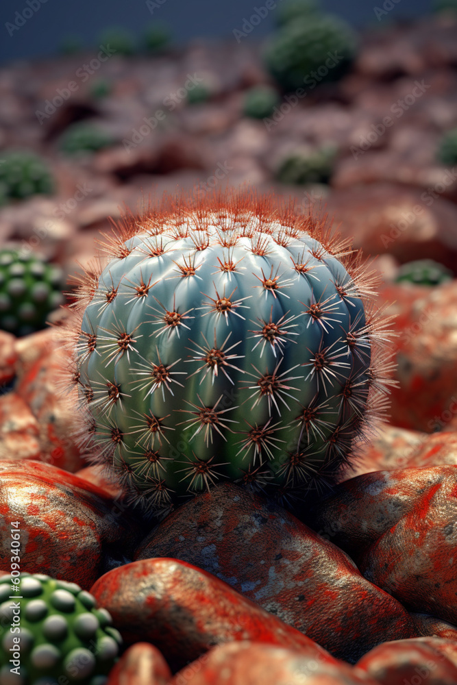 Poster An image showcasing the Peyote cactus (Lophophora williamsii), renowned for its small, button-like appearance and use in indigenous rituals.  Generative AI technology.