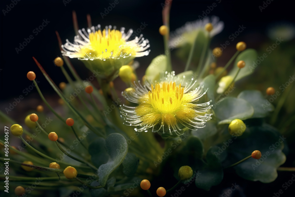 Poster a close-up shot of kanna (sceletium tortuosum), displaying its succulent leaves, small yellow flower