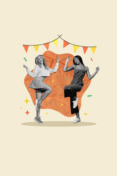 Vertical creative composite sketch photo collage of positive good mood attractive girls dancing on festival isolated on painted background