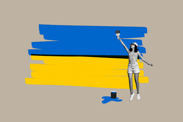 Template collage image picture of lady true patriot love ukraine drawing ukranian flag with blue yellow colors