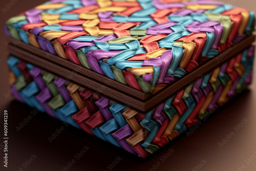 Poster A close-up shot of a small woven jewelry box, crafted with intricate patterns and lined with fabric, offering a charming  Generative AI technology.