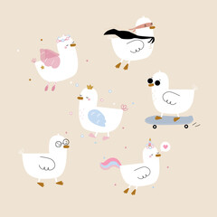 Set of funny duck characters. Childish graphic. Vector hand drawn illustration.