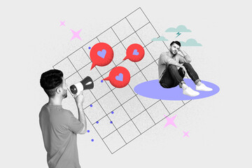 Creative template collage of guy psychotherapist use bullhorn spreading love hearts to upset grief...