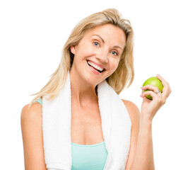 Portrait, exercise and apple with a senior woman in studio isolated on a white background for health. Fitness, diet and lifestyle with a happy mature female athlete eating a fruit for nutrition