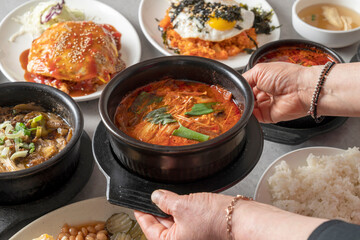 Steamed buns, meat dumplings, dumplings, kimchi, omurice, squid, r