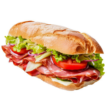 Baguette belegt mit Wurst, K&auml;se, Salat und Zwiebeln, isoliert. Generative AI