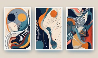 Set of dynamic hand drawn concept abstract posters. Modern trendy style wall decor. Collection of contemporary artistic posters, Generative AI