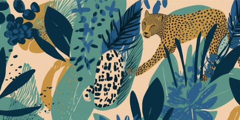 Hand drawn abstract jungle pattern with leopards. Ethnic style collage contemporary seamless pattern. Fashionable template for design, Generative AI