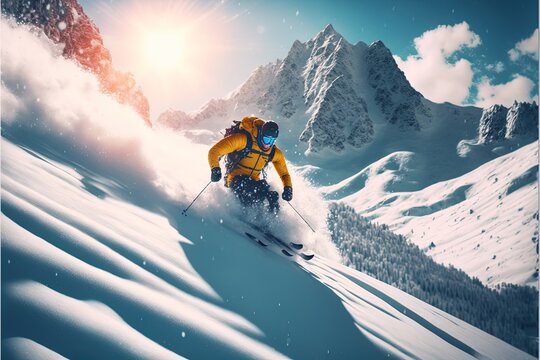 A man skiing down an snowy mountain whilst a avalanches are causing havoc.