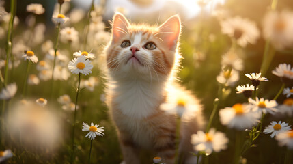 Naklejka na ściany i meble Cute innocent kitten wandering in the sunny garden. Generative AI