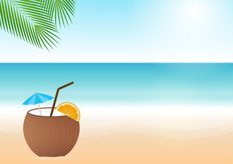 Coconut Juice or Coconut Water Drink, Coconut Cocktail on Beach. Vector Illustration.