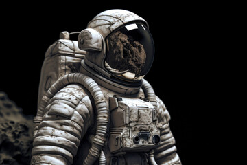Fototapeta premium Astronaut floating in space with reflection of asteroid in helmet (Generative AI)