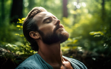 Attractive bearded man breathing deep in outdoor. Generative AI.