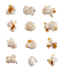Food, popcorn kernels isolated and against a white background for snack. Cooking fresh corn or salt...