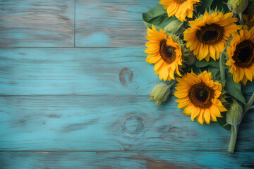 Sunflower bouquet on blue old wooden board table, rustic, cottage style, gardening, summer concept backdrop, with copyspace. Generative AI
