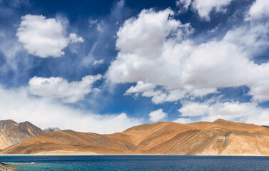 Pangong Lake is the highest saltwater lake in the world,Pangong Tso or Pangong Lake is an endorheic lake spanning eastern Ladakh and West Tibet situated at an elevation of 4,225 m , Ladakh, India,
