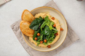 Portion of gourmet hummus with greens and toasts