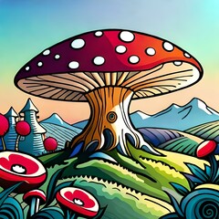 Very detailed drawing of cartoon mushrooms. (AI-generated fictional illustration)