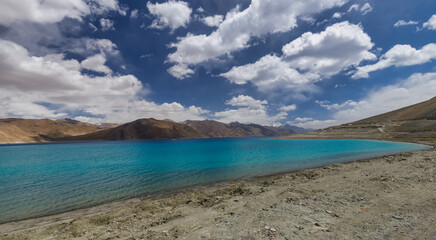 Pangong Lake is the highest saltwater lake in the world,Pangong Tso or Pangong Lake is an endorheic lake spanning eastern Ladakh and West Tibet situated at an elevation of 4,225 m , Ladakh, India,
