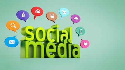 Social media concept with green text and media speech balloons. 3D illustration