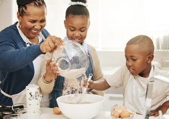 Black family, grandma teaching kids baking and learning baker skill in kitchen with help and...