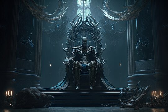 An eerie dark fantasy throne room with a dark lich lord siting at the center, facing the undead legion