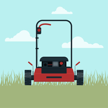 recommend clip art: Vector lawn mower on the grass front view against the sky with clouds.