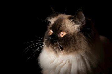 Cat in simple black background, close up, look. Portrait of a furry cat, wool. A fluffy pet, persian cat. Generative AI.