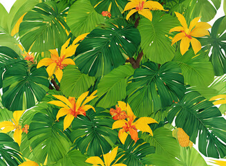 Fototapeta na wymiar Tropical jungle pineapples watercolor golden highlights.