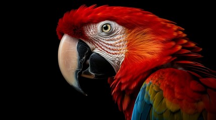 Fototapeta premium Macaw parrot on black background. Generative AI 