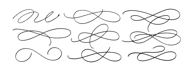 Hand drawn collection of curly swishes, swashes and swoops. Vector thin underline text tails. Hand drawn calligraphy pen curved lines and curls. Scribbles and squiggles for typography emphasis. - obrazy, fototapety, plakaty