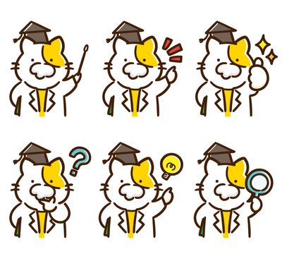 色々なポーズをする博士ねこのかわいいイラストセット