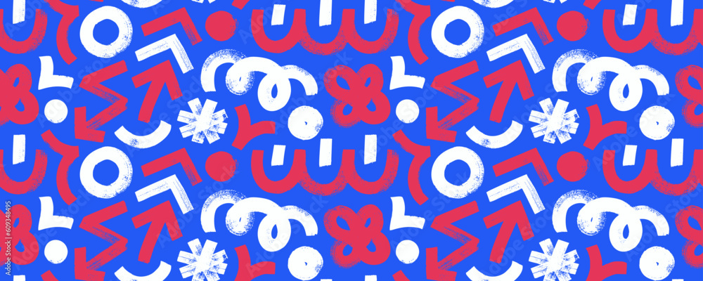 Poster Seamless pattern with various geometric trendy shapes. Colored bold brush drawn geometric figures and objects ornament. Arrow, circles, swirls, asterisk and curved bold lines. Bright color pattern.