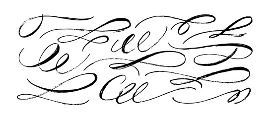 Brush drawn vector swooshes set. Hand draw calligraphy swirls and curls. Curly, wavy decorative swashes on white background. Font tails, black calligraphy flourishes. Underline text elements.