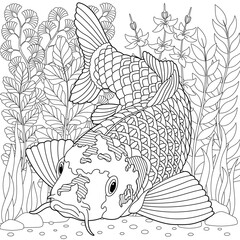 Underwater scene with a koi fish. Adult coloring book page with intricate mandala and zentangle elements.