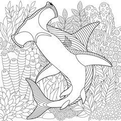 Underwater scene with a hammerhead shark. Adult coloring book page with intricate mandala and zentangle elements. - obrazy, fototapety, plakaty