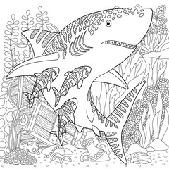 Underwater scene with a shark. Adult coloring book page with intricate mandala and zentangle elements.