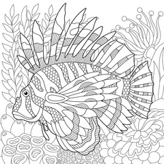 Underwater scene with a lionfish. Adult coloring book page with intricate mandala and zentangle elements.