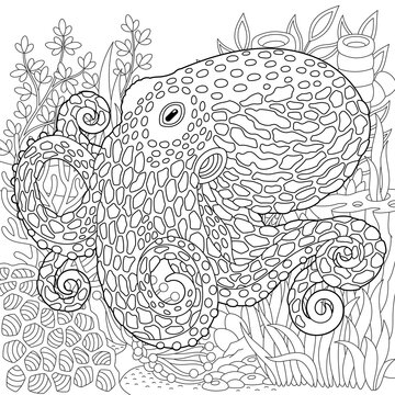 Underwater scene with the octopus. Adult coloring book page with intricate mandala and zentangle elements.