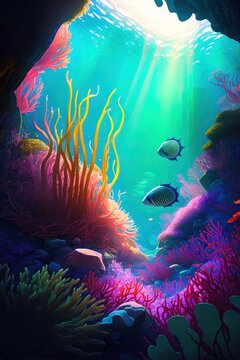 A magical journey under the sea in a colorful coral forest, sea anemones, cluttered tide pool