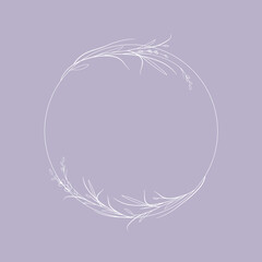 Lavander Flower Wreath on purple backgraund. Floral line art. Outline vector flowers. Wedding elegant continuous line drawing
