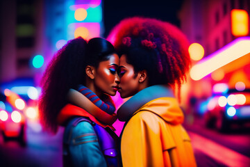 young african americans enjoying lesbian couple kissing and hug together on night city, bokeh neon lights background. girlfriends with long curly hairs. women wear jackets sweet kiss. Generative ai.