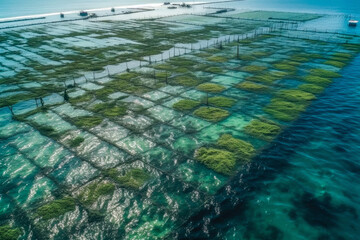 Aerial view of a large aquaculture seaweed farm in the sea. The sustainable practice of seaweed farming provides numerous benefits including food, biofuels, and carbon sequestration. Generative AI