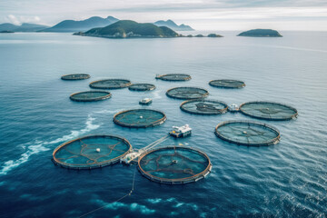Aerial view of a large-scale fish farm in the ocean. Sustainable farming techniques promote food security, local economies, and environmental protection. Generative AI.