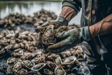 Close-up shot of freshly harvested oysters from an oyster farm. Generative AI.