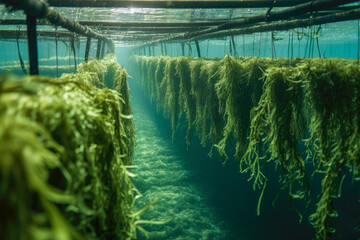 Thriving seaweed algae growth on lines in an aquaculture farm. Healthy and sustainable growth of seaweed algae rich in nutrients and with many commercial applications. Generative AI - obrazy, fototapety, plakaty