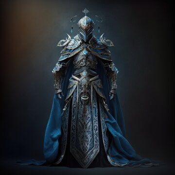 The king sorcerer wearing ornate blue and silver armour with a robe