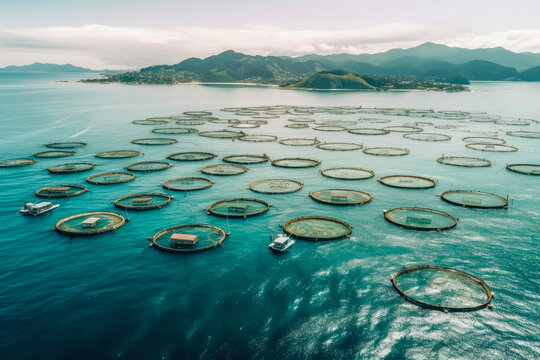 Aerial view of a large fish farm in the ocean. Sustainable farming techniques promote food security and support local economies and environmental protection. Generative AI.
