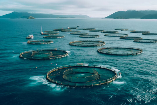 Expansive fish farm in the sea, modern aquaculture. Generative AI.