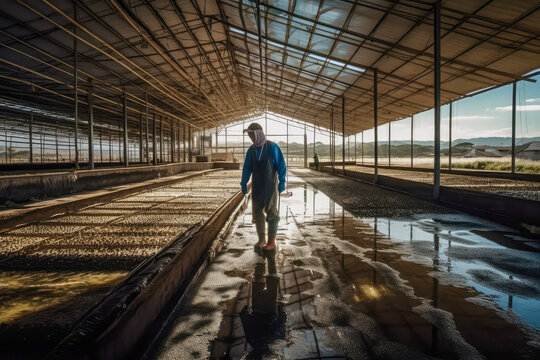 Abalone aquaculture farm. Sustainable farming ensures highest quality abalone while minimizing environmental impact. Generative AI.